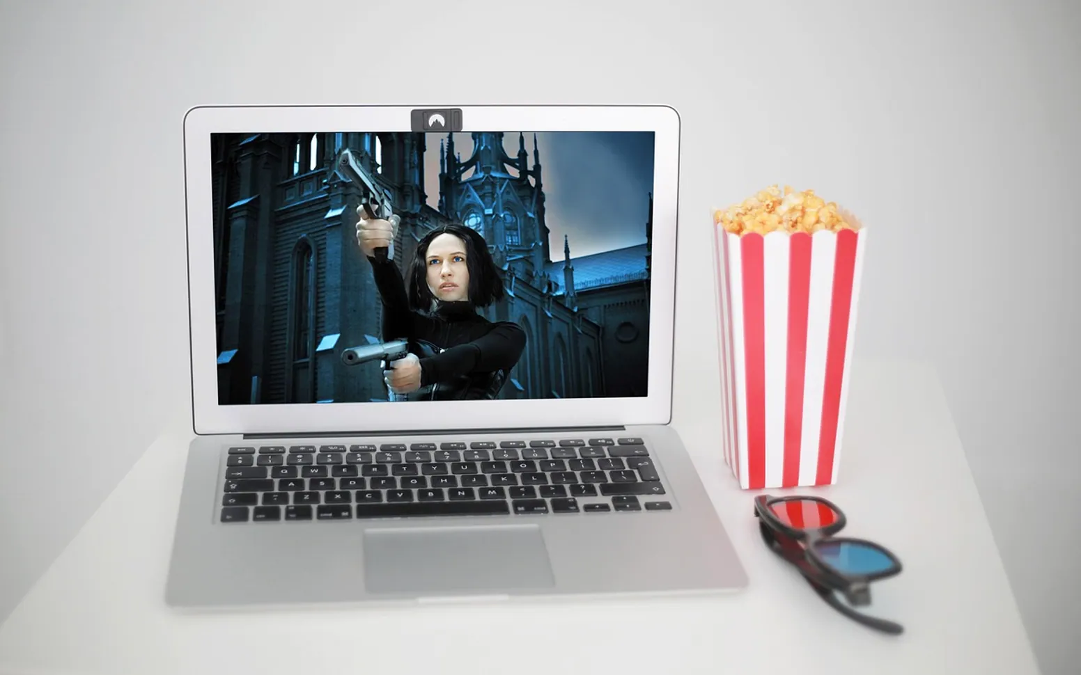 Laptop, movie and popcorn