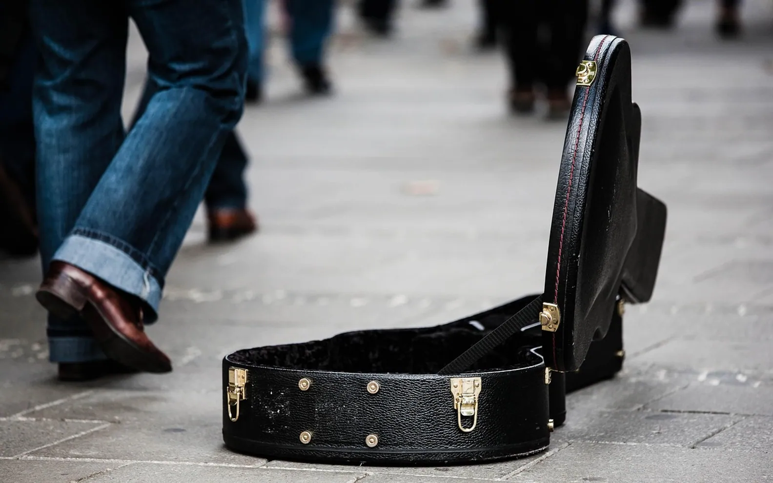 Guitar case, street musician and donate
