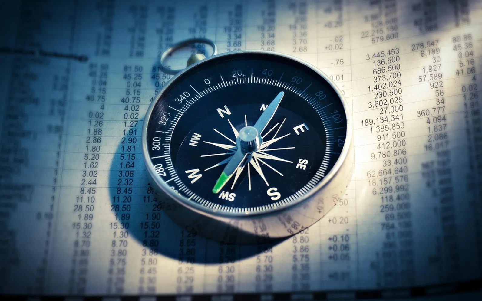 Compass, newspaper and finance